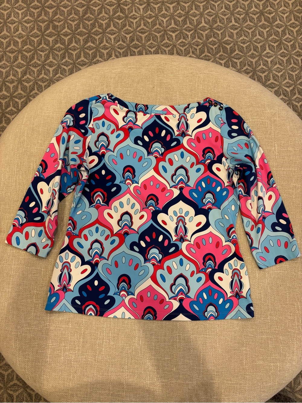 J. McLaughlin Wave Song Blue Pink Navy Geometric Print Top